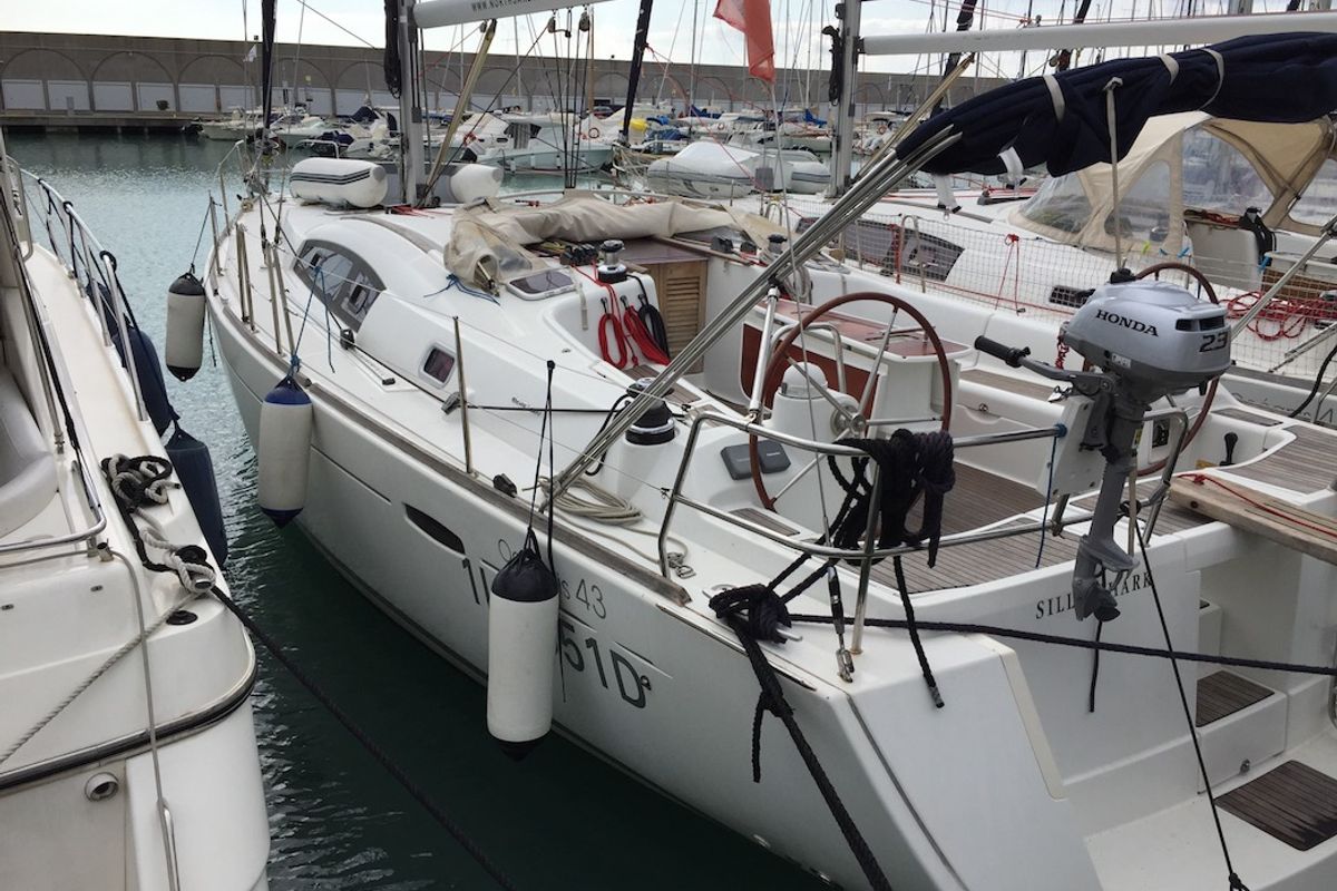 Exterior view of Silly Shark (GND), a Beneteau Oceanis 43 sailboat at Grand Anse, Grenada