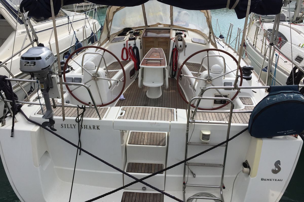 Exterior view of Silly Shark (GND), a Beneteau Oceanis 43 sailboat at Grand Anse, Grenada