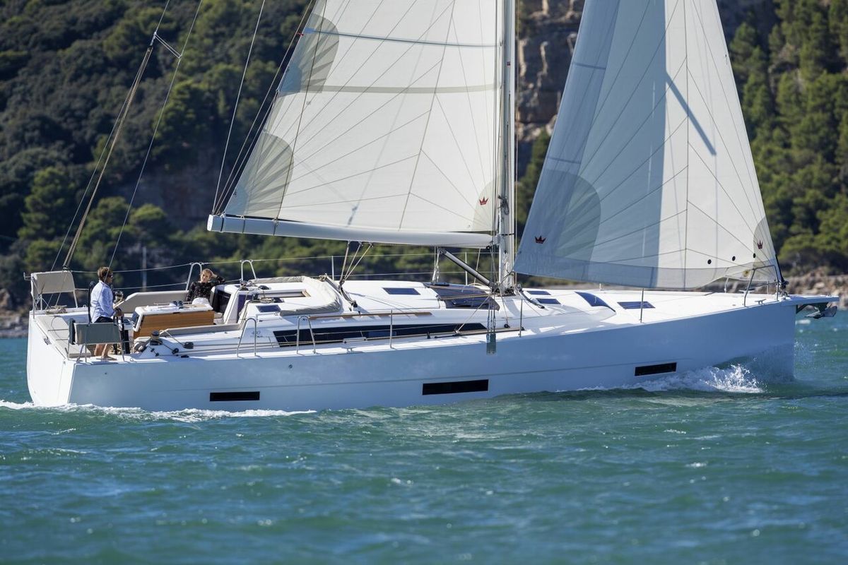 Exterior view of Dancer, a Dufour 430 sailboat at Charlotte Amalie, United States