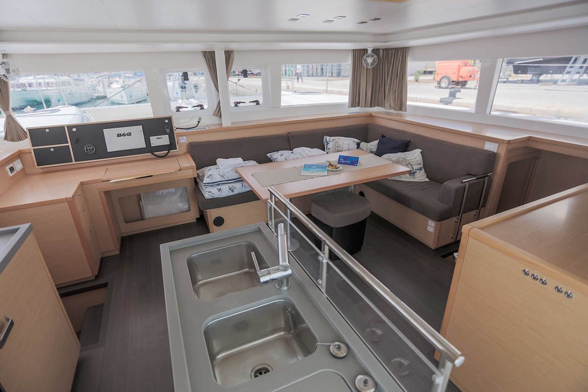 Salon of Rimta, a Lagoon 450 F catamaran at Athens, Greece