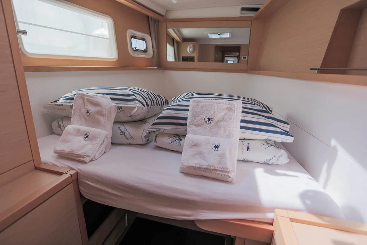 Cabin on Rimta, a Lagoon 450 F catamaran at Athens, Greece