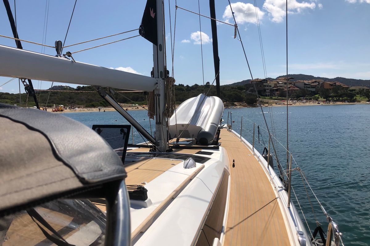 Deck of Silente, a Dufour 56 Exclusive sailboat at Olbia, Italy