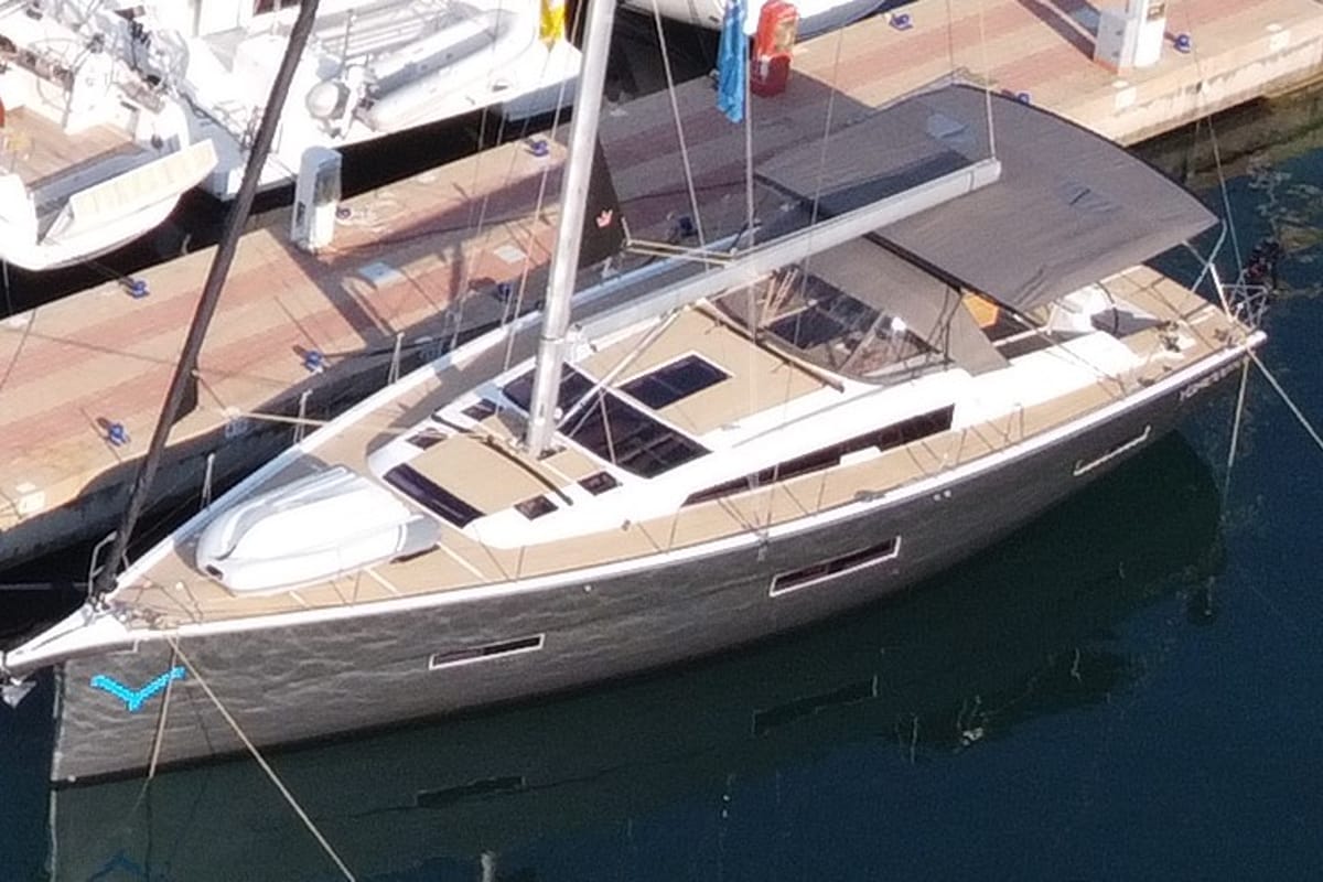 Exterior view of Silente, a Dufour 56 Exclusive sailboat at Olbia, Italy