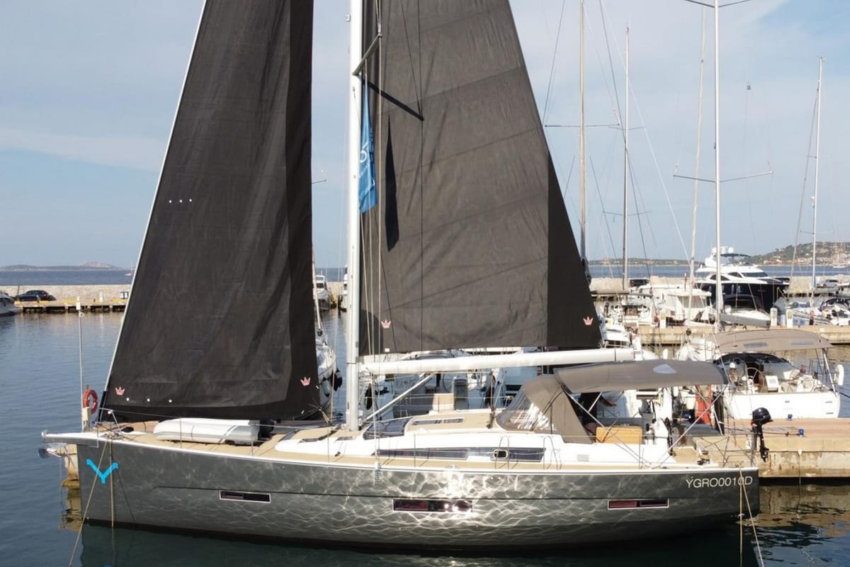 Exterior view of Silente, a Dufour 56 Exclusive sailboat at Olbia, Italy