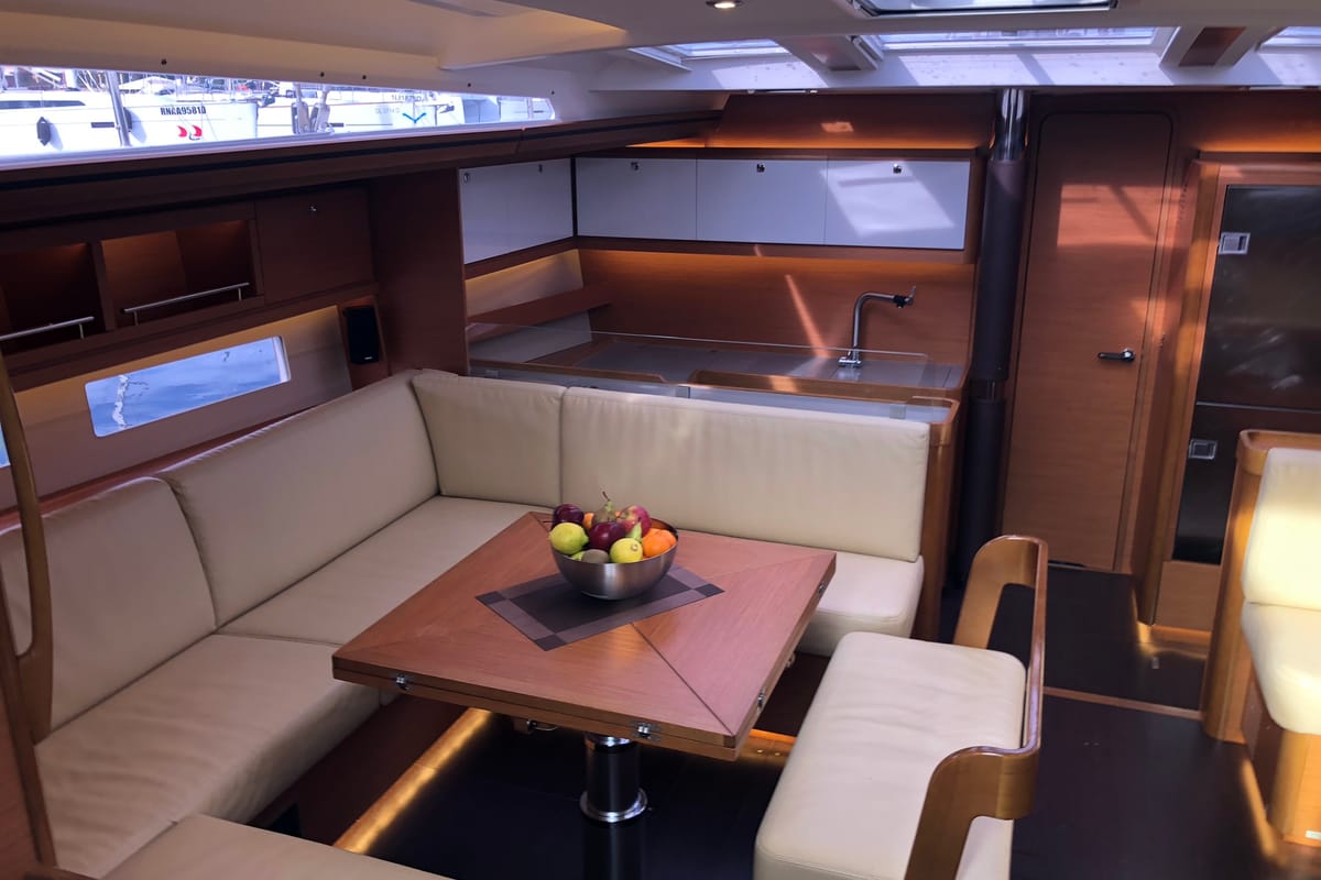Salon of Silente, a Dufour 56 Exclusive sailboat at Olbia, Italy