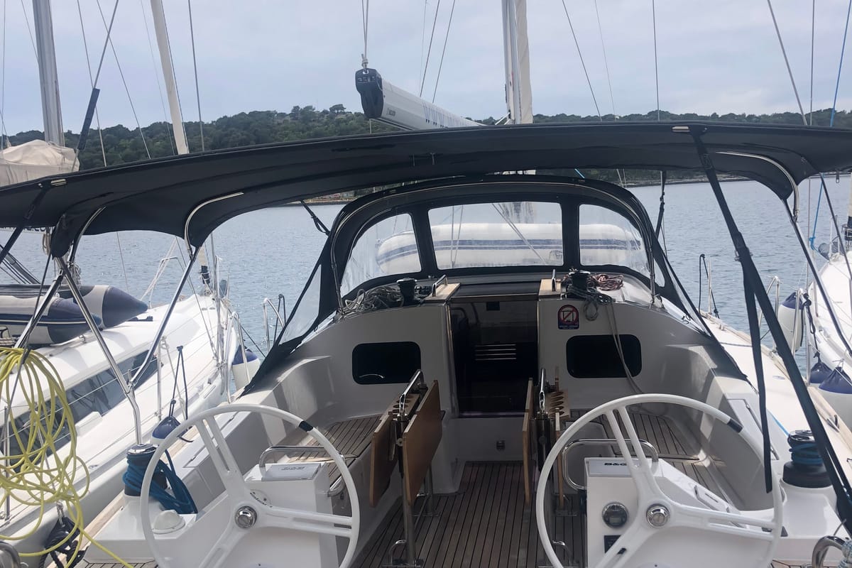 Cockpit of AirTime 3, a Elan Impression 45.1 sailboat at Mali Lošinj, Croatia