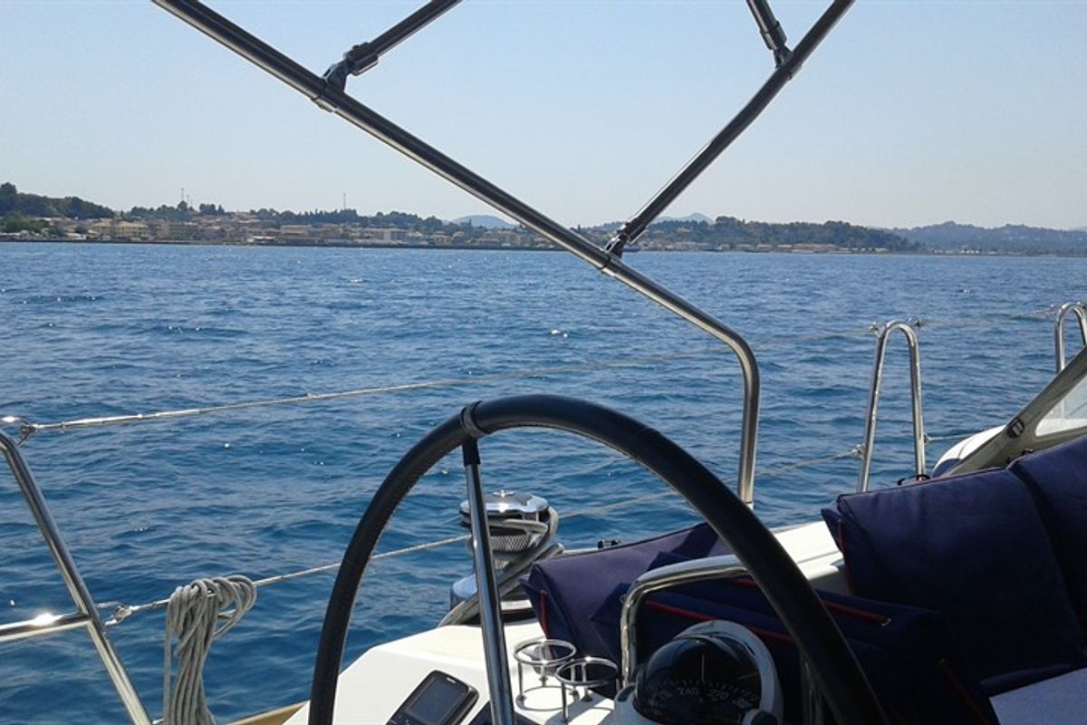 Cockpit of Beautiful Love, a Beneteau Oceanis 45 sailboat at Kontokali, Greece