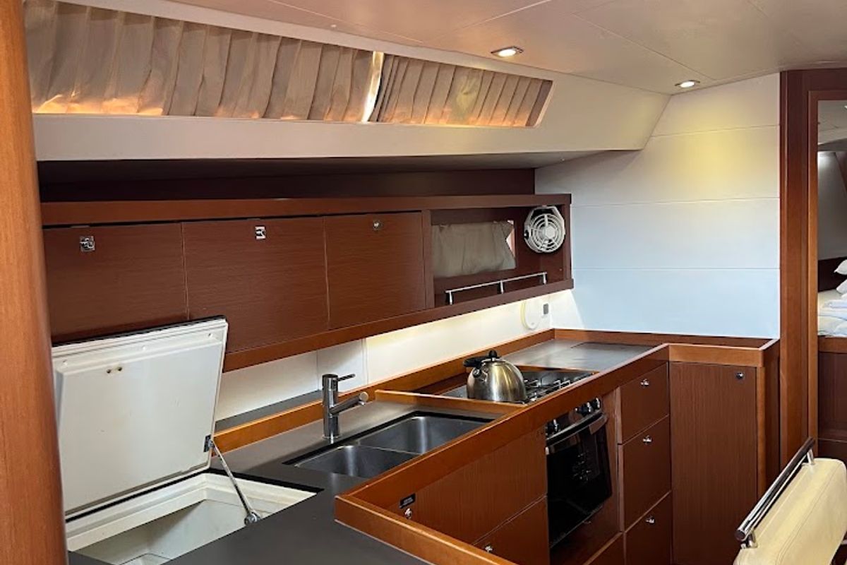 Galley of Beautiful Love, a Beneteau Oceanis 45 sailboat at Kontokali, Greece
