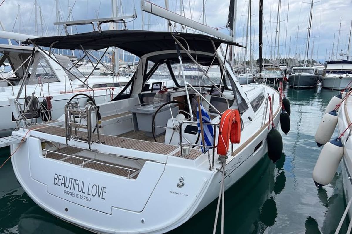 Exterior view of Beautiful Love, a Beneteau Oceanis 45 sailboat at Kontokali, Greece