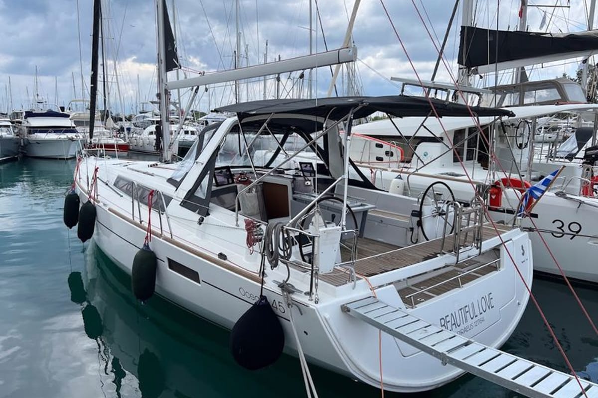 Cockpit of Beautiful Love, a Beneteau Oceanis 45 sailboat at Kontokali, Greece