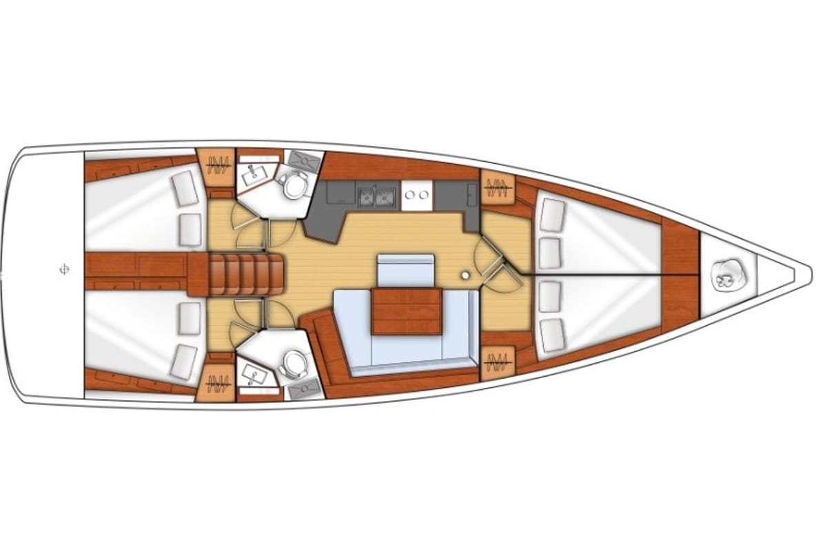 Exterior view of Beautiful Love, a Beneteau Oceanis 45 sailboat at Kontokali, Greece