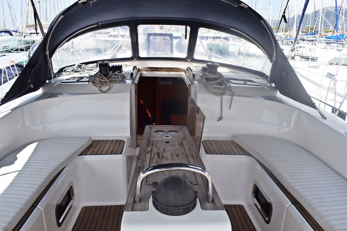 Deck of Podkamenica, a Bavaria Cruiser 51 sailboat at Grad Kaštela, Croatia