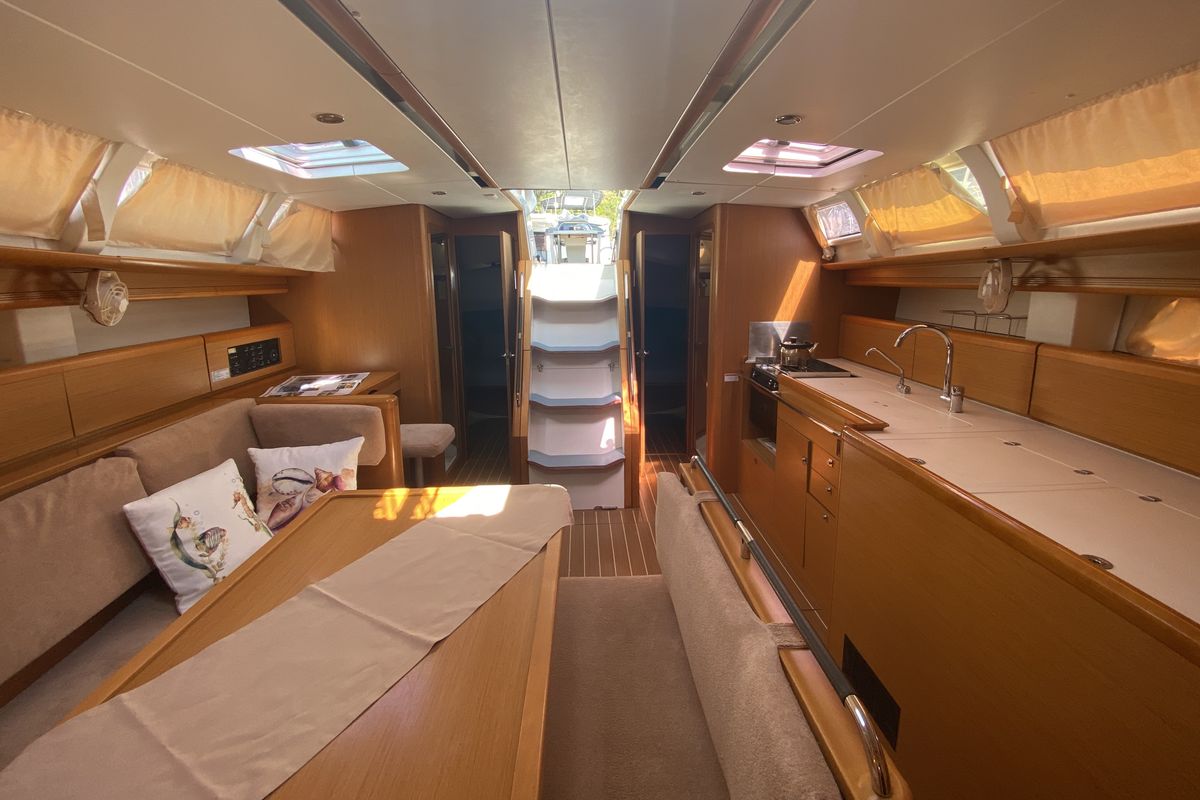 Salon of Capella II, a Jeanneau Sun Odyssey 44 i sailboat at Marmaris, Turkey