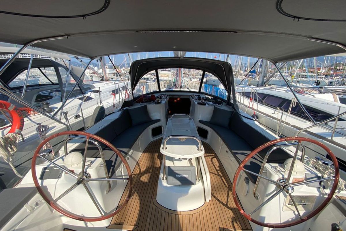 Cockpit of Capella II, a Jeanneau Sun Odyssey 44 i sailboat at Marmaris, Turkey