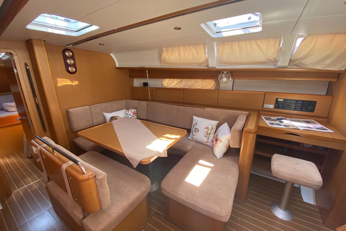 Salon of Capella II, a Jeanneau Sun Odyssey 44 i sailboat at Marmaris, Turkey