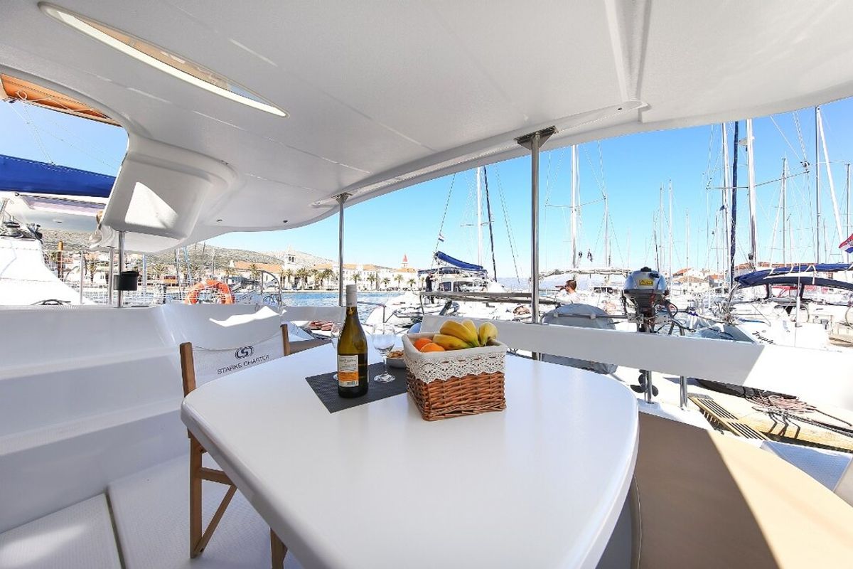 Deck of My Way, a Fountaine Pajot Lipari 41 catamaran at Kaş, Turkey