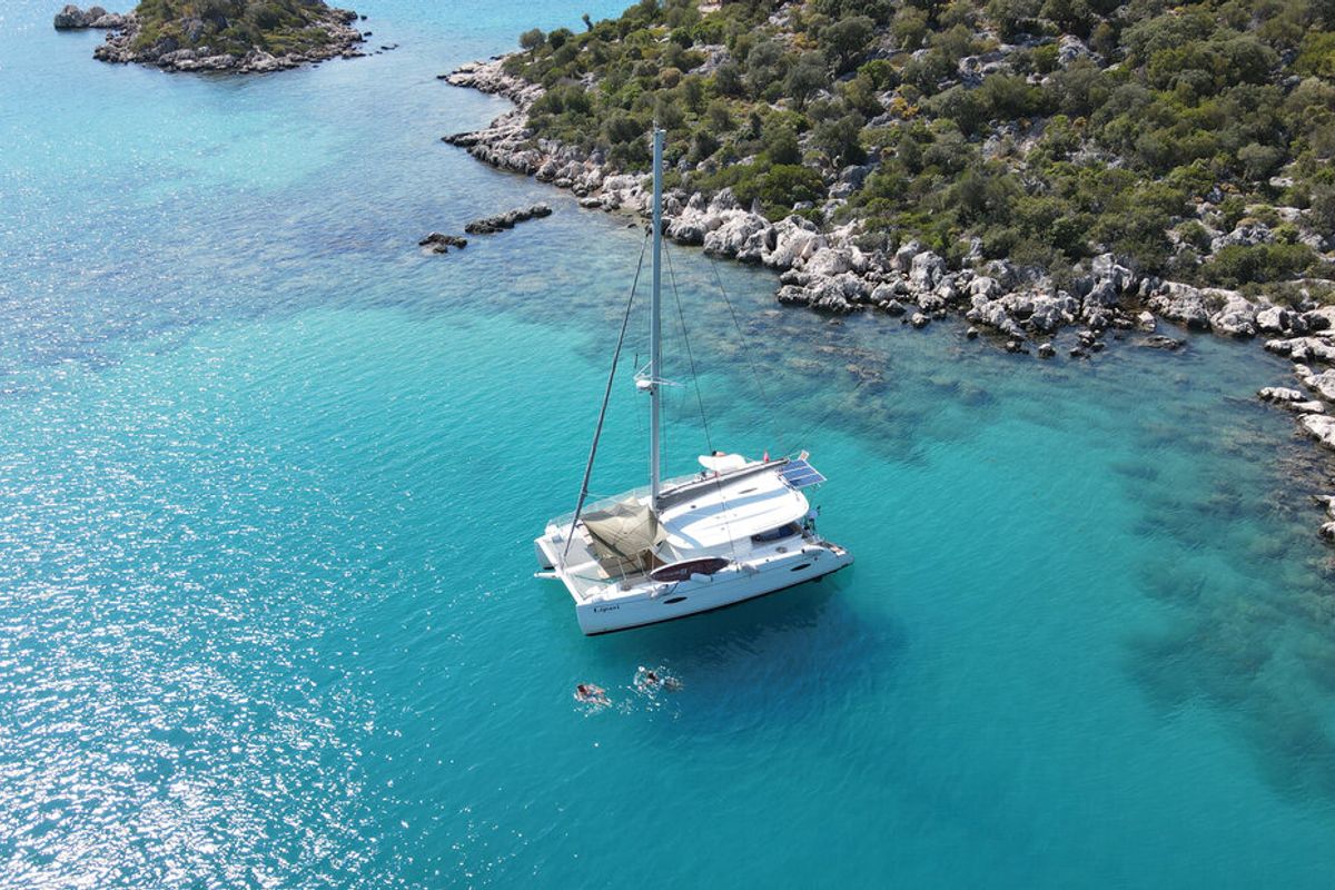 Exterior view of My Way, a Fountaine Pajot Lipari 41 catamaran at Kaş, Turkey