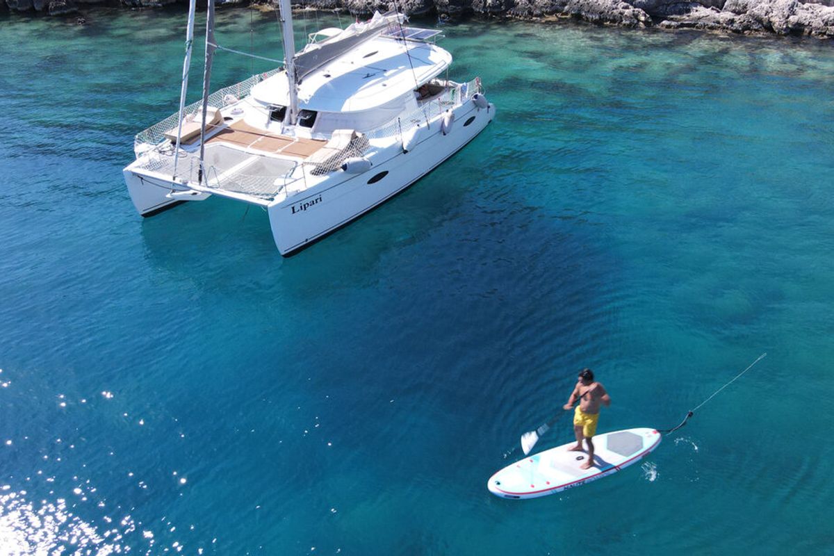 Exterior view of My Way, a Fountaine Pajot Lipari 41 catamaran at Kaş, Turkey