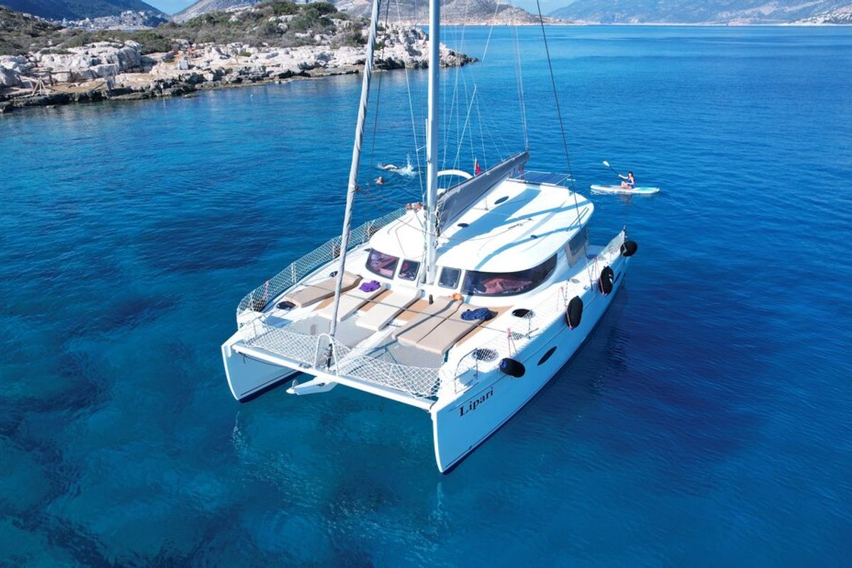 Exterior view of My Way, a Fountaine Pajot Lipari 41 catamaran at Kaş, Turkey