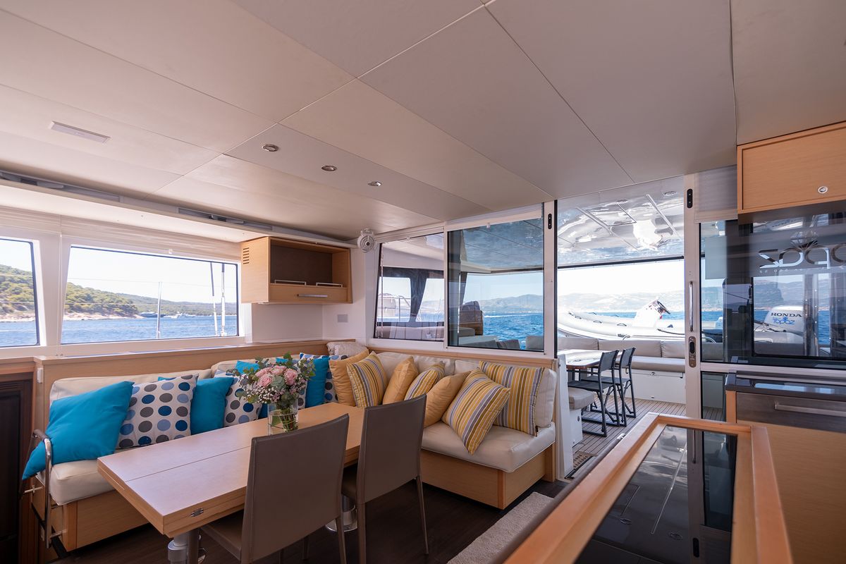 Salon of Topaz, a Lagoon 560 catamaran at Split, Croatia