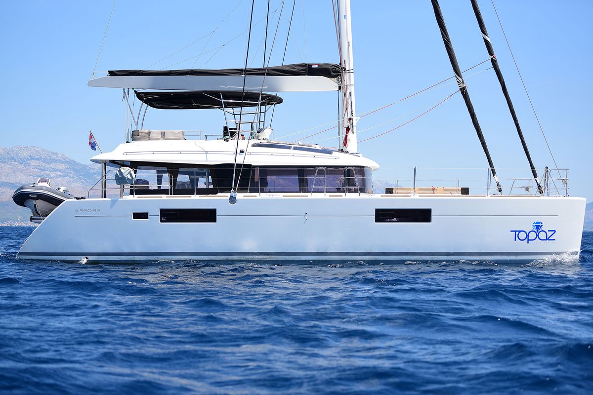 Exterior view of Topaz, a Lagoon 560 catamaran at Split, Croatia