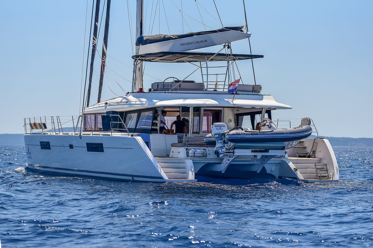 Exterior view of Topaz, a Lagoon 560 catamaran at Split, Croatia