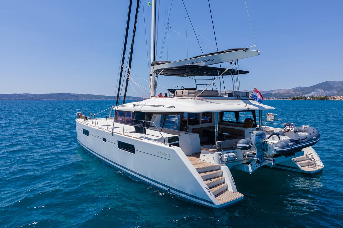 Exterior view of Topaz, a Lagoon 560 catamaran at Split, Croatia