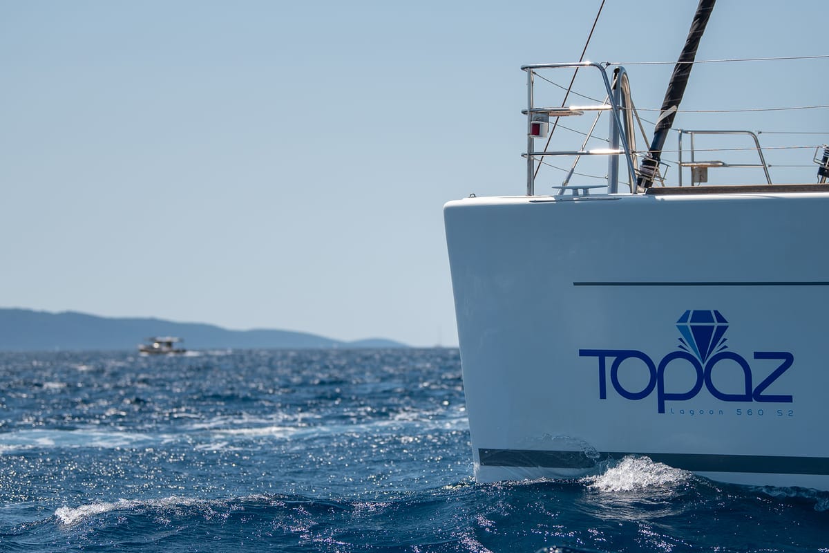 Exterior view of Topaz, a Lagoon 560 catamaran at Split, Croatia