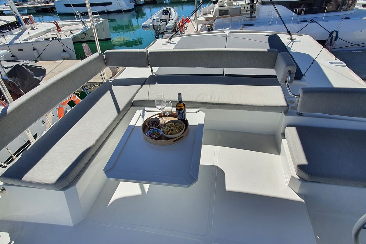 Deck of AMAZIGH, a Bali 4.6 catamaran at Sitges, Spain