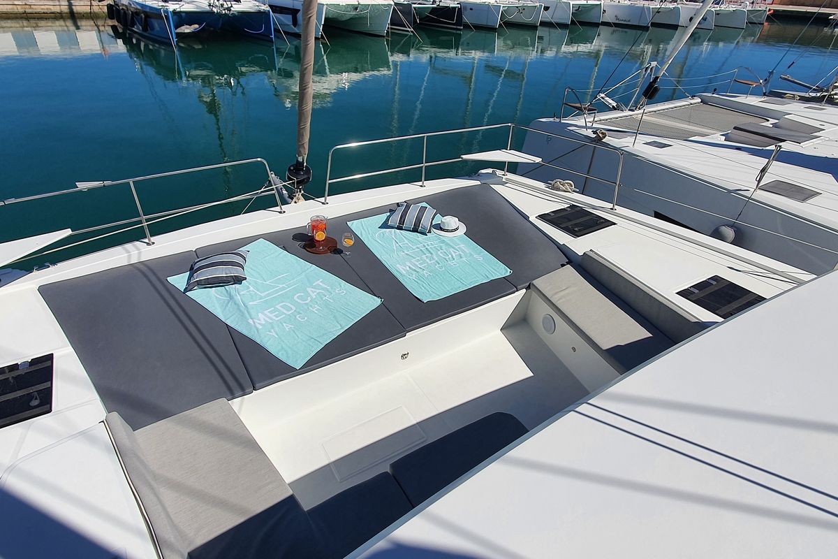 Deck of AMAZIGH, a Bali 4.6 catamaran at Sitges, Spain