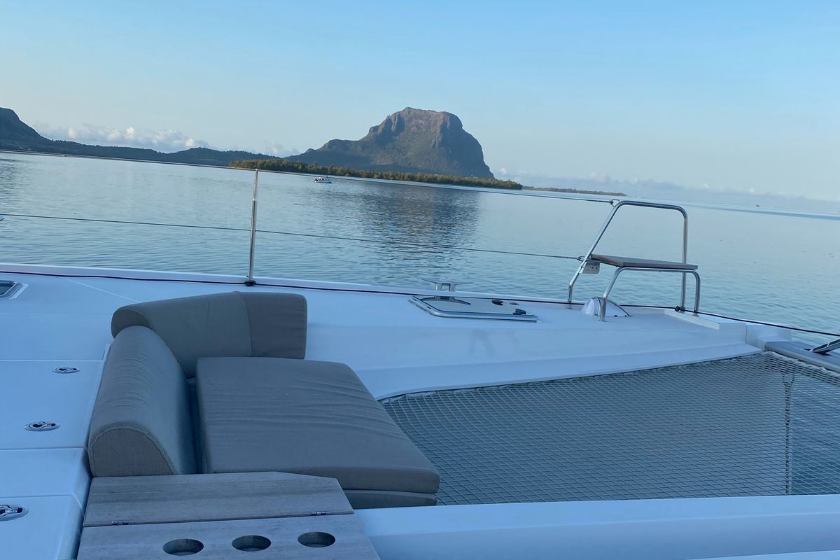Deck of Sea Spirit II, a Nautitech 46 Fly catamaran at Grande Rivière Noire VCA, Mauritius