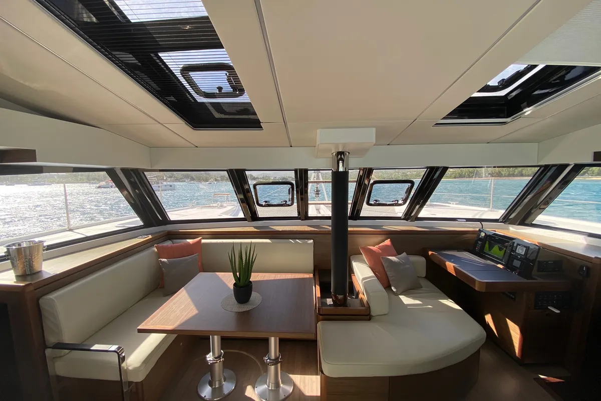 Salon of Sea Spirit II, a Nautitech 46 Fly catamaran at Grande Rivière Noire VCA, Mauritius