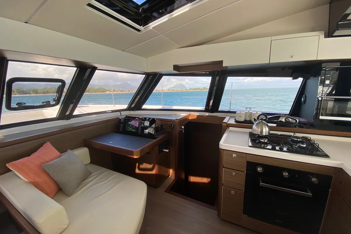 Salon of Sea Spirit II, a Nautitech 46 Fly catamaran at Grande Rivière Noire VCA, Mauritius
