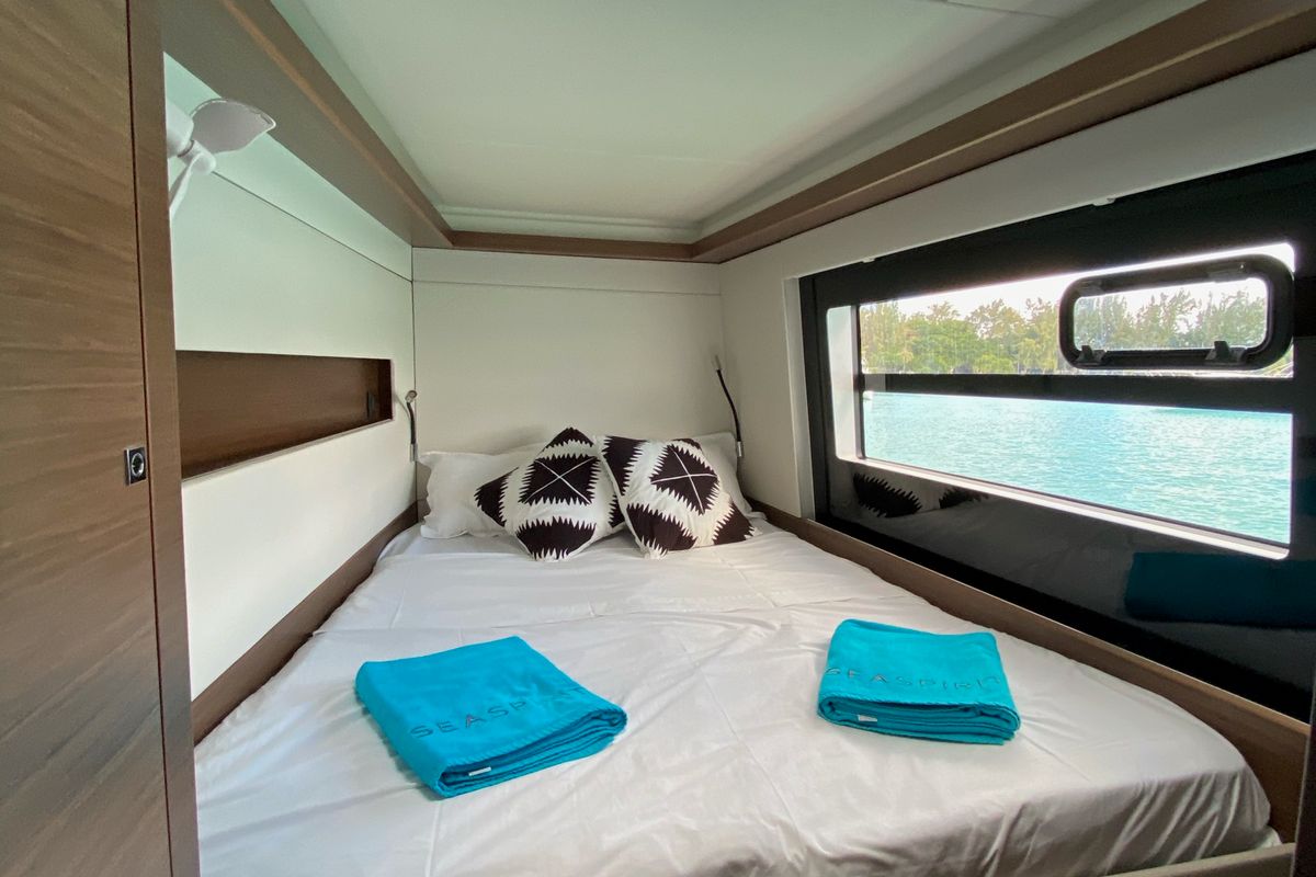 Cabin on Sea Spirit II, a Nautitech 46 Fly catamaran at Grande Rivière Noire VCA, Mauritius