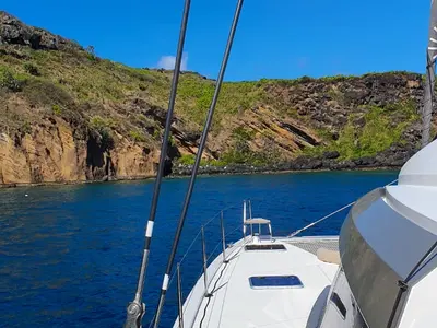 Deck of Sea Spirit II, a Nautitech 46 Fly catamaran at Grande Rivière Noire VCA, Mauritius