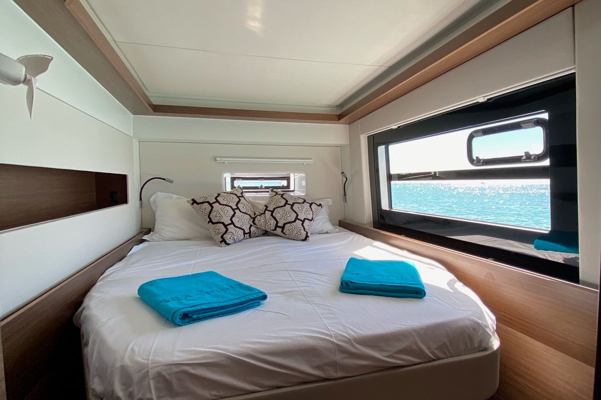 Cabin on Sea Spirit II, a Nautitech 46 Fly catamaran at Grande Rivière Noire VCA, Mauritius