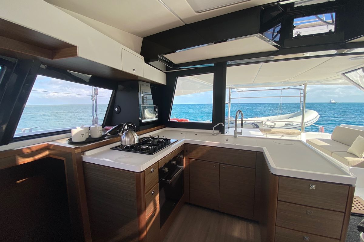 Galley of Sea Spirit II, a Nautitech 46 Fly catamaran at Grande Rivière Noire VCA, Mauritius