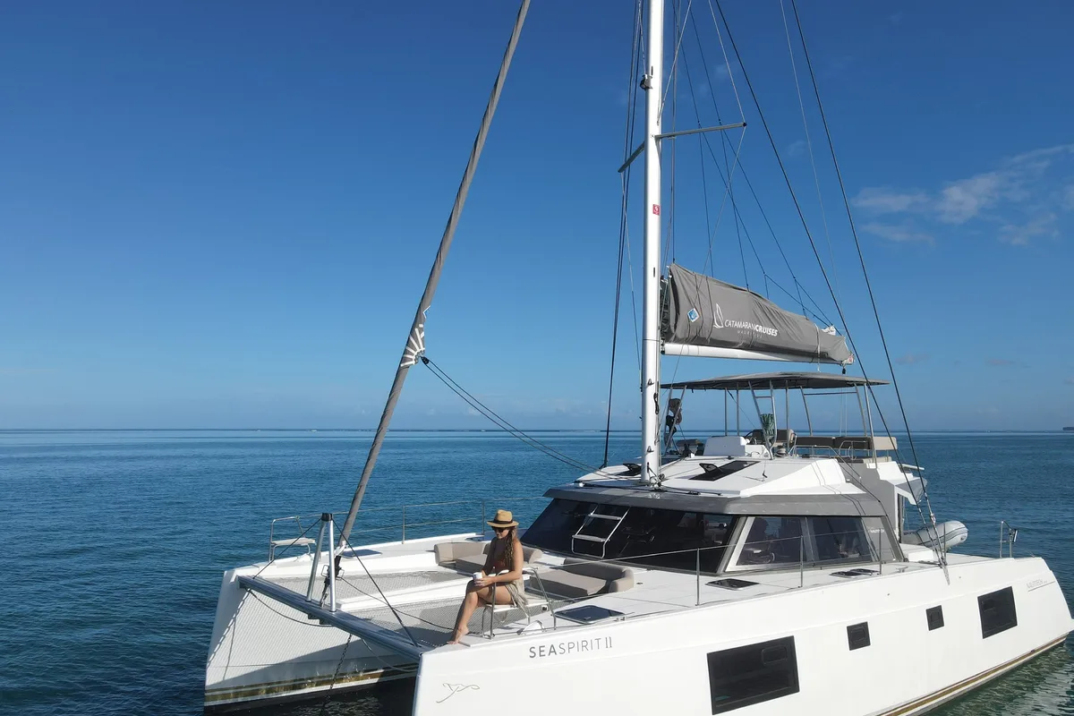 Exterior view of Sea Spirit II, a Nautitech 46 Fly catamaran at Grande Rivière Noire VCA, Mauritius