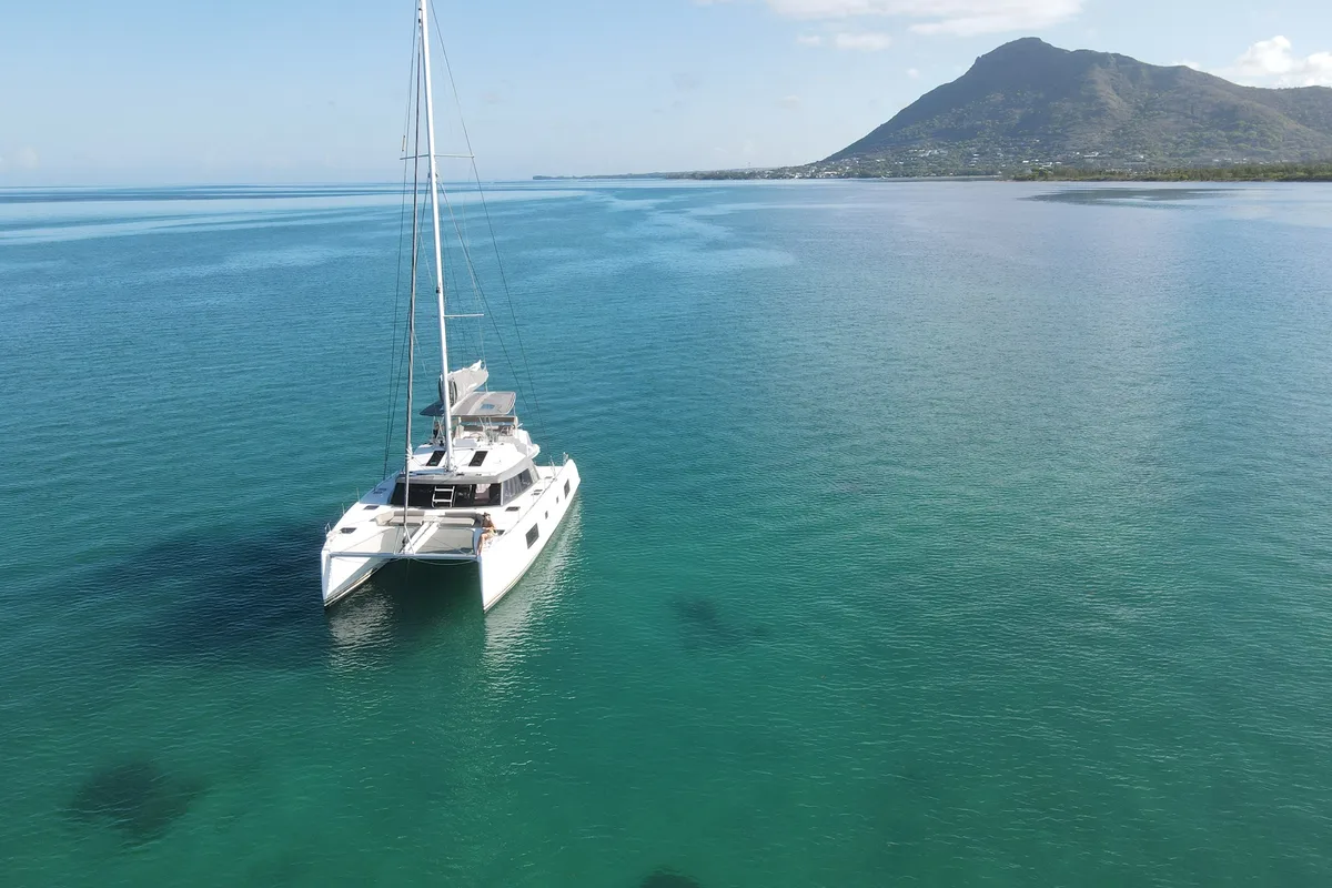 Exterior view of Sea Spirit II, a Nautitech 46 Fly catamaran at Grande Rivière Noire VCA, Mauritius
