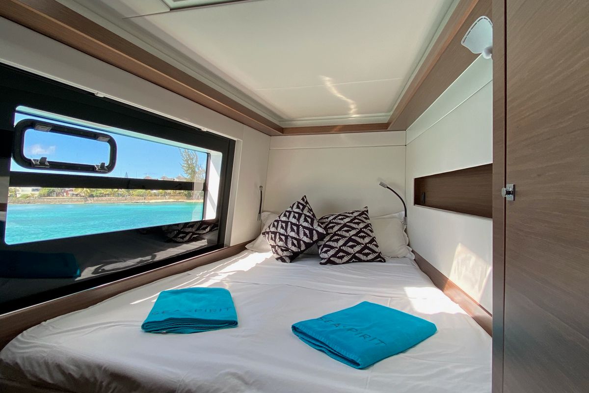 Cabin on Sea Spirit II, a Nautitech 46 Fly catamaran at Grande Rivière Noire VCA, Mauritius