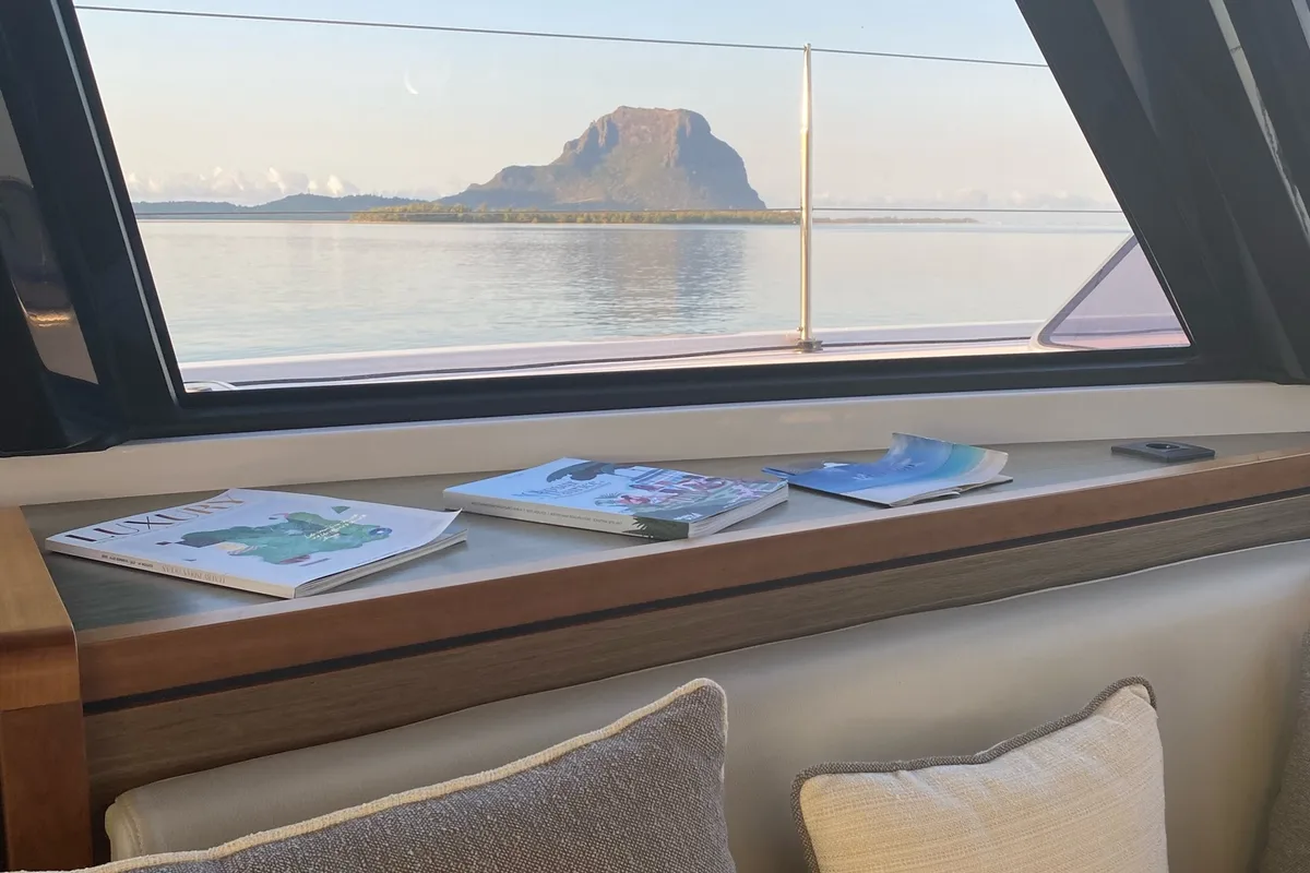 Salon of Sea Spirit II, a Nautitech 46 Fly catamaran at Grande Rivière Noire VCA, Mauritius