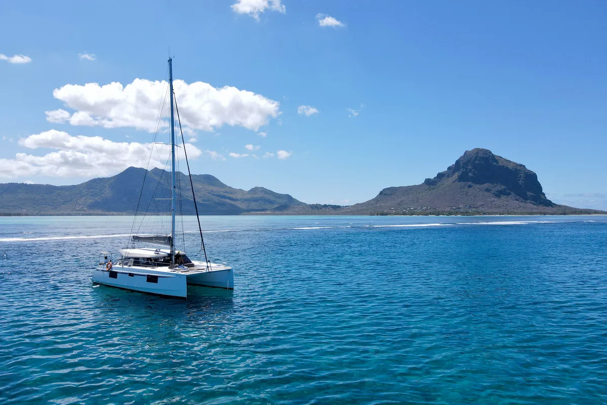 Exterior view of Sea Spirit II, a Nautitech 46 Fly catamaran at Grande Rivière Noire VCA, Mauritius