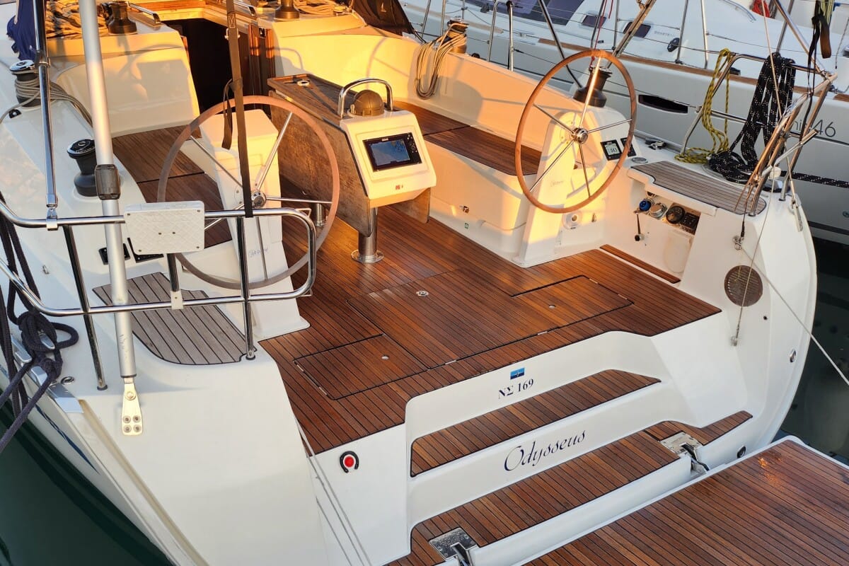 Cockpit of Odysseus, a Bavaria Cruiser 46 sailboat at Athens, Greece