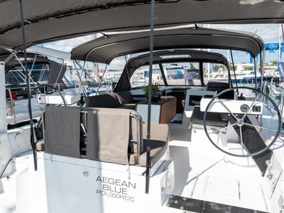 Cockpit of Aegean Blue, a Dufour 470 sailboat at Athens, Greece