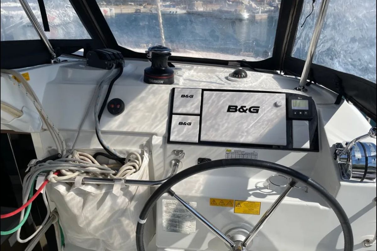 Cockpit of BONOBO, a Lagoon 40 catamaran at Municipal Unit of Lefkada, Greece