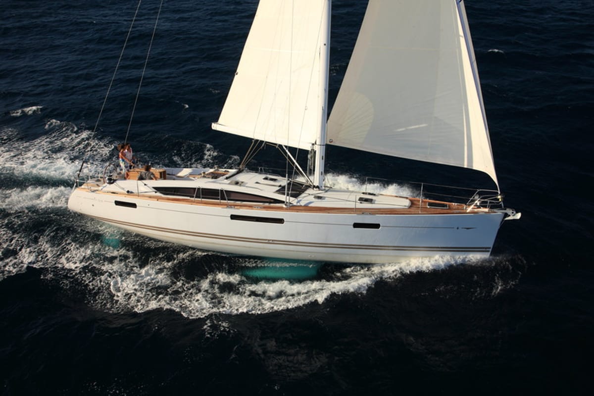 Exterior view of Anita, a Jeanneau 53 sailboat at Olbia, Italy