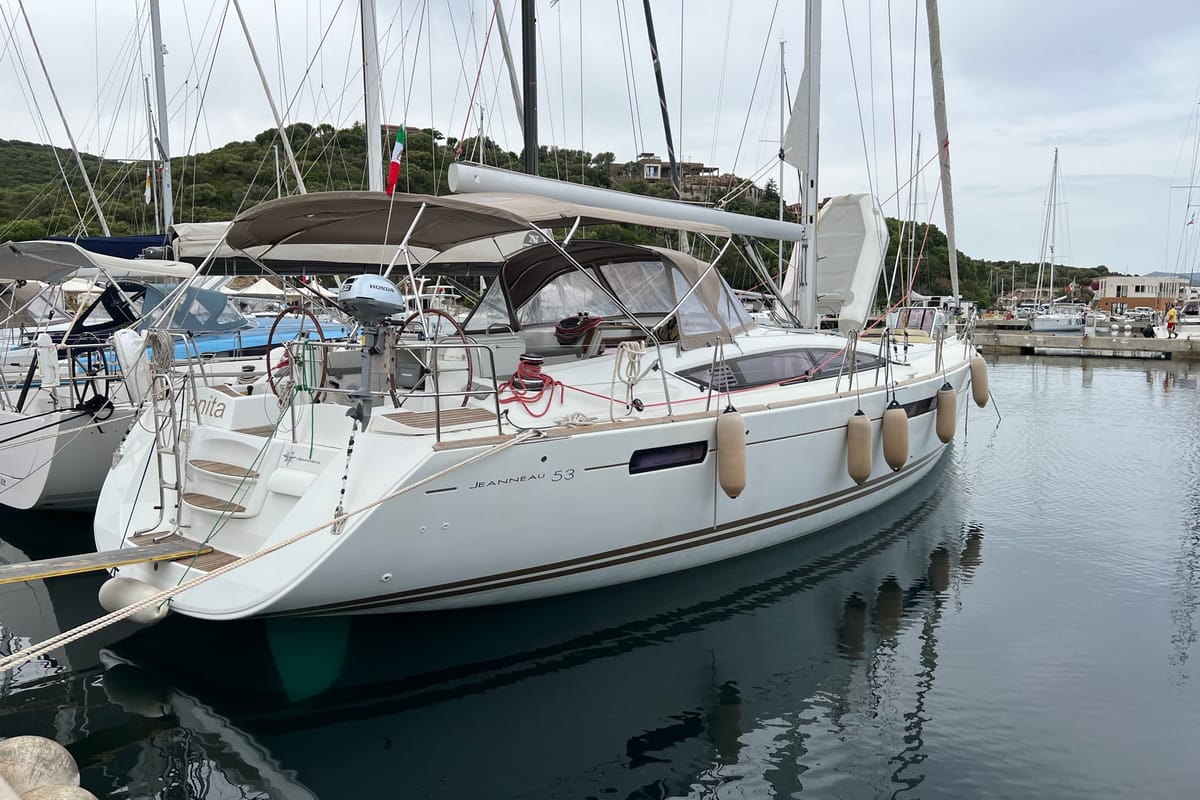 Exterior view of Anita, a Jeanneau 53 sailboat at Olbia, Italy