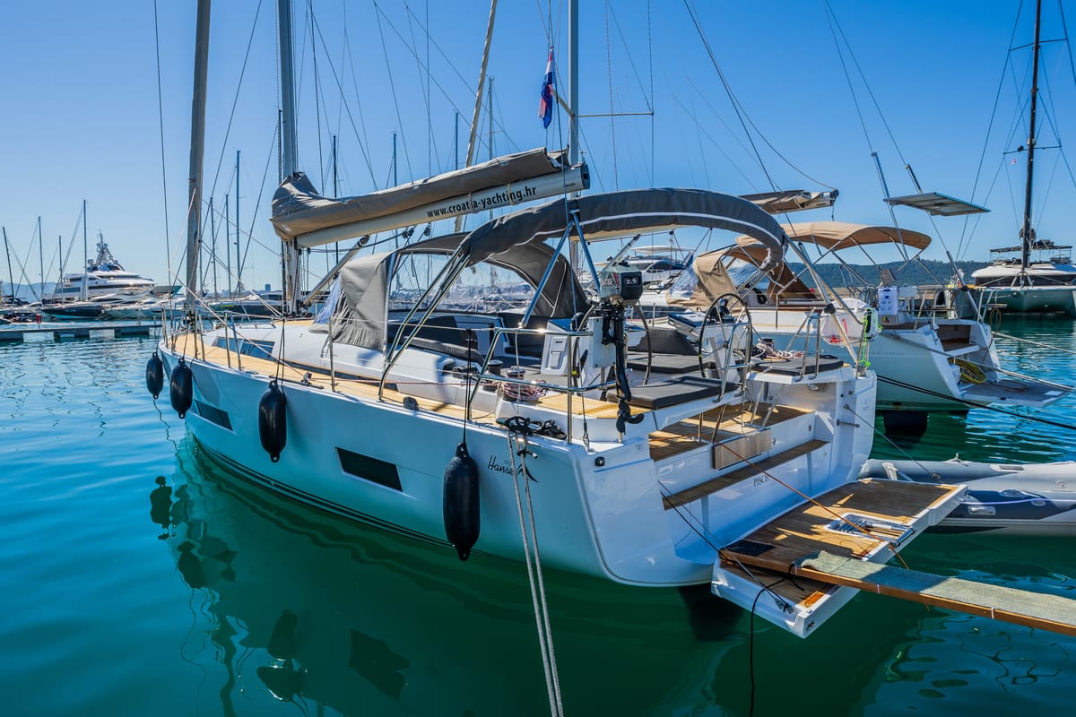 Exterior view of Pisch, a Hanse Yachts Hanse 460 sailboat at Grad Kaštela, Croatia