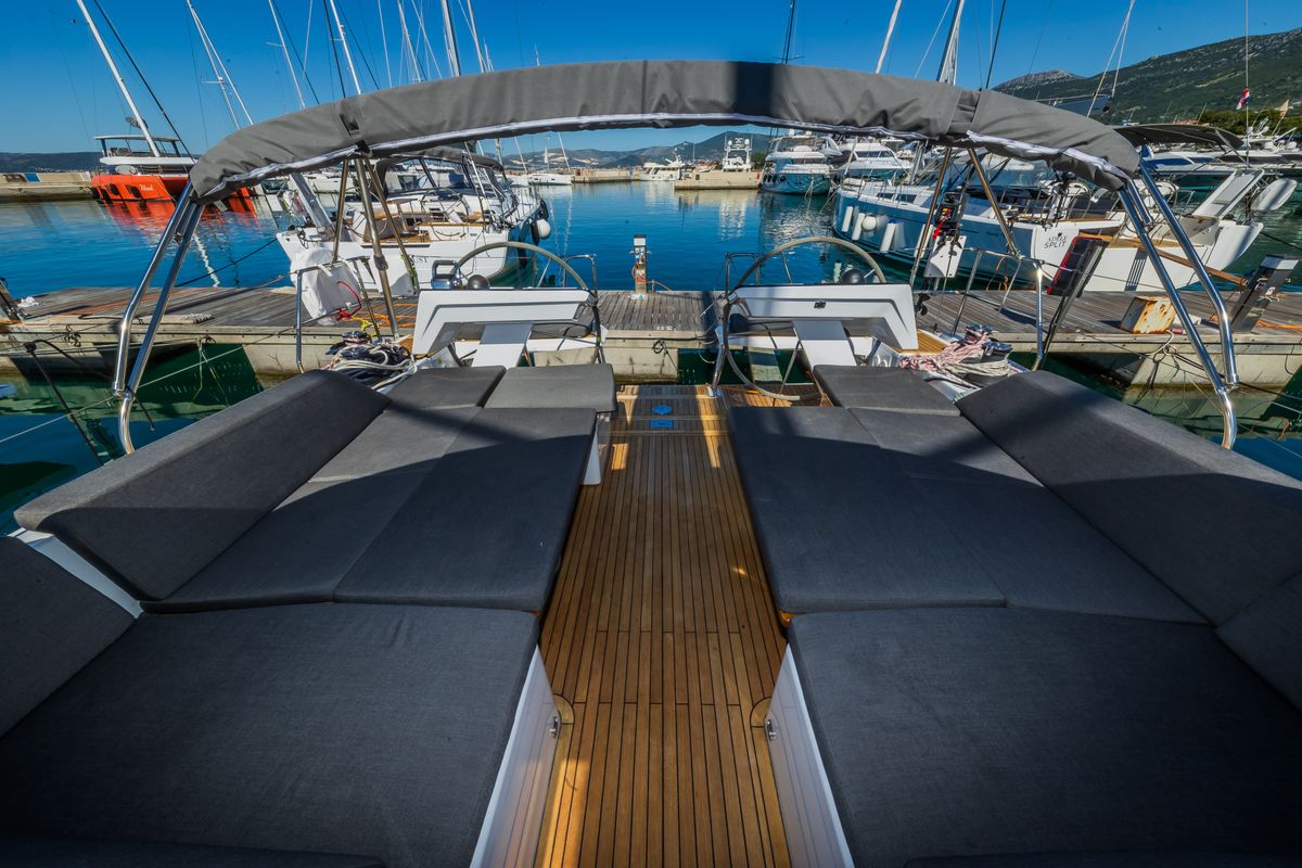 Deck of Pisch, a Hanse Yachts Hanse 460 sailboat at Grad Kaštela, Croatia