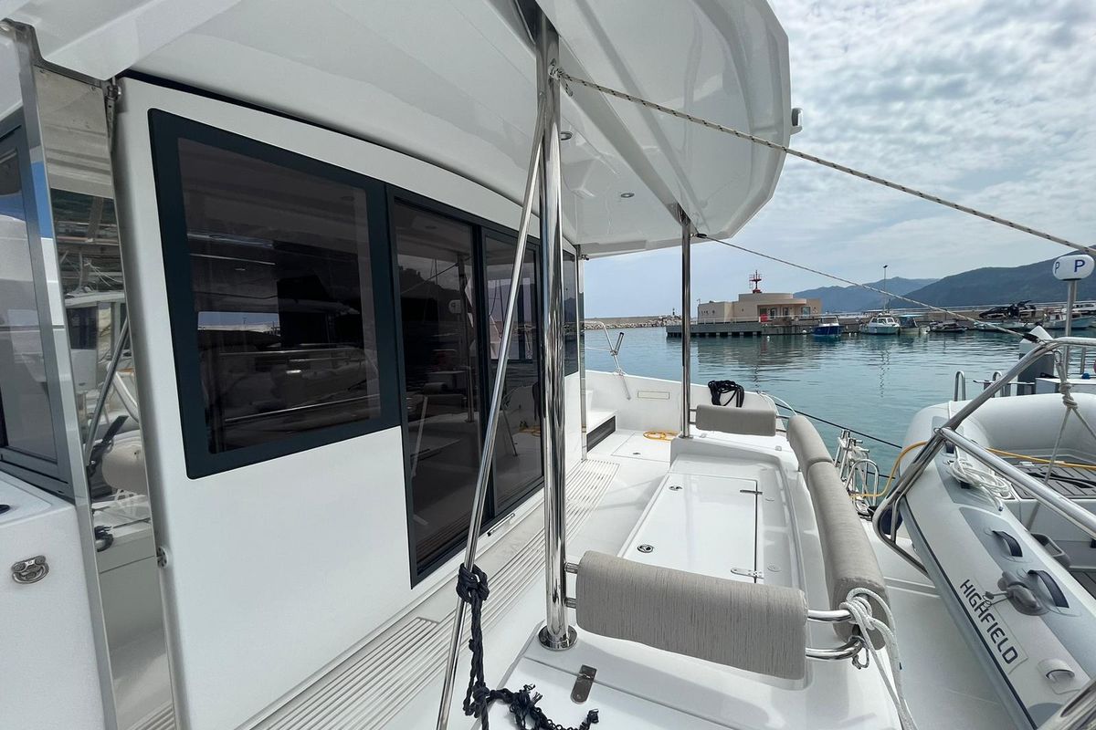 Deck of aMare, a Bali 4.2 catamaran at Capo d'Orlando, Italy